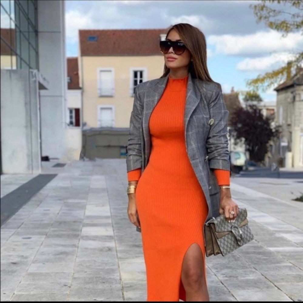 ZARA JERSEY KNIT RIBBED MOCK NECK LONG SLEEVE MAXI DRESS WITH SIDE SLIT SMALL